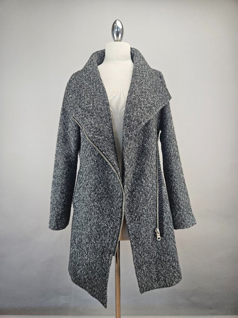 Tom Tailor Asymmetrical Zip Coat Black and White Herringbone